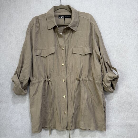 Zara Jacket Womens XL Utility Button Front Drawstring Pockets Lightweight New - Picture 1 of 13